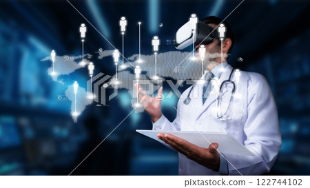 Doctor using virtual reality technology for medical consultation and patient interaction with digital health data visualization in a futuristic clinic environment. PHMT Doctor using virtual reality technology for medical consultation and patient interaction with digital health data visualization in a futuristic clinic environment. PHMT 122744102