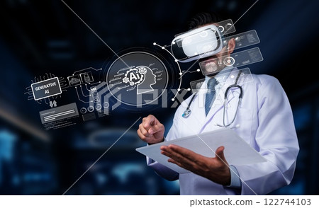 Medical Professional Engaged in Virtual Reality Innovation with Generative AI and Technology in a Futuristic Medical Environment. PHMT Medical Professional Engaged in Virtual Reality Innovation with Generative AI and Technology in a Futuristic Medical Environment. PHMT 122744103
