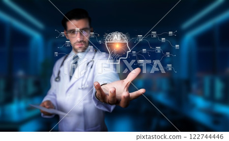Medical Professional Engaging with Artificial Intelligence Concept in Modern Healthcare Environment for Innovative Solutions and Patient Care Transformation. PHMT Medical Professional Engaging with Artificial Intelligence Concept in Modern Healthcare Environment for Innovative Solutions and Patient Care Transformation. PHMT 122744446