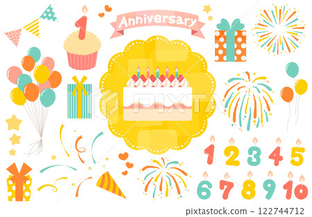 Anniversary celebration vector illustration set cake balloons gift cracker birthday anniversary 122744712
