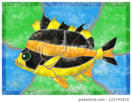 Beautiful tile cutout illustration of tropical fish, caged fish, with background 122745878