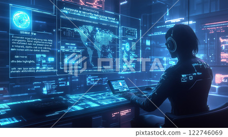 corporate security expert analyzing threats with advanced technology, showcasing data visualization and global maps in futuristic environment 122746069