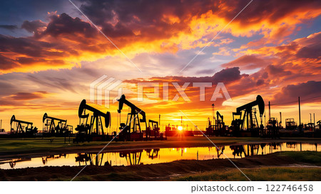 A silhouette of multiple oil pumps at a sunset, with the sun setting behind a body of water, casting a warm glow over the scene. 122746458