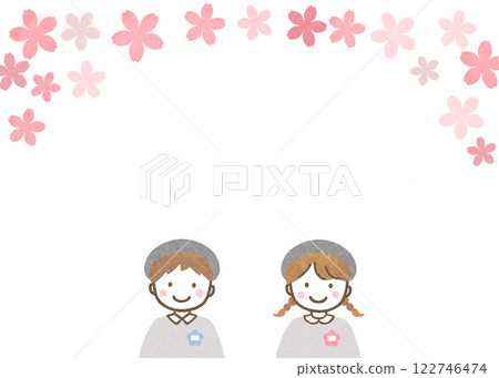 Kindergarten children and cherry blossom frame 122746474