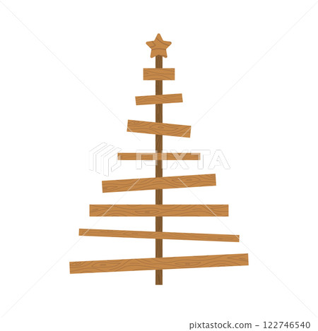 Handmade Christmas Tree. Christmas tree made of wooden planks. Zero waste holiday ornaments. Ecological seasonal decoration. Vector illustration in flat cartoon style 122746540
