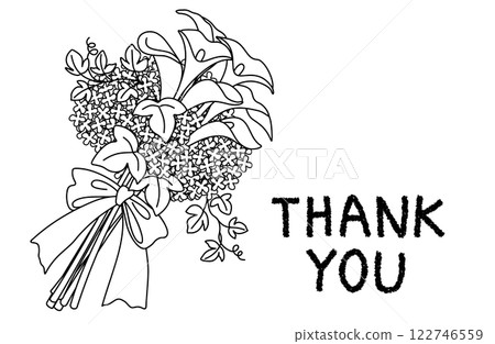 Illustration of a bouquet of calla lilies and baby's breath, monochrome thank you card 122746559