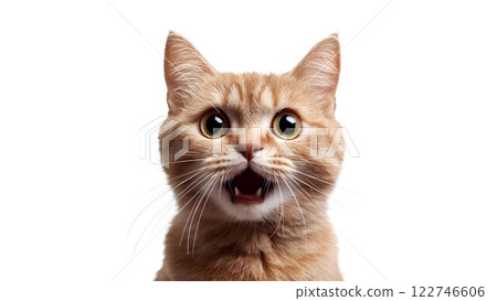 Surprised Ginger Cat with Big Green Eyes Expressing a Curious Look on a White Background.	 122746606