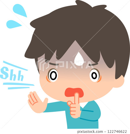 A panicked man holds up his index finger to his mouth, telling people to shut up 122746622