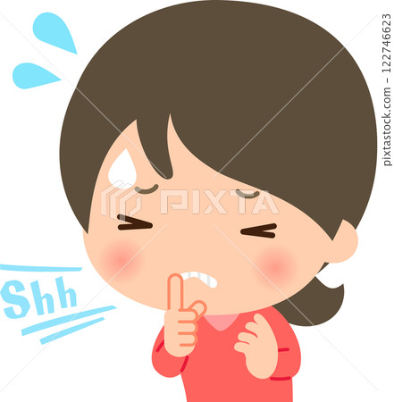 A woman in a panic holds up her index finger to her mouth, telling people to shut up 122746623