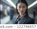 Smart working woman with a business suit is standing and posting in front of a blur office environment background created with generative AI technology 122746657