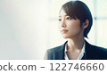 Smart working woman with a business suit is standing and posting in front of a blur office environment background created with generative AI technology 122746660