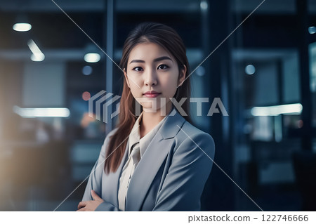 Smart working woman with a business suit is standing and posting in front of a blur office environment background created with generative AI technology 122746666