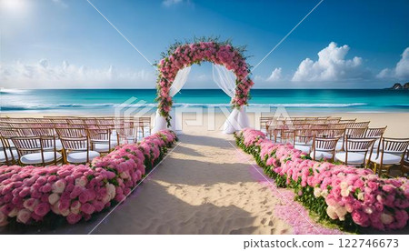 Dream Beach Wedding: A romantic wedding surrounded by blue water and pink flowers 122746673