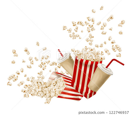 Popcorn flies in different directions. paper bag with red stripes. Classic retro style. Paper glasses for drinks. With lid and plastic straw. Watercolor illustration isolated from background. Popcorn flies in different directions. paper bag with red stripes. Classic retro style. Paper glasses for drinks. With lid and plastic straw. Watercolor illustration isolated from background. 122746937