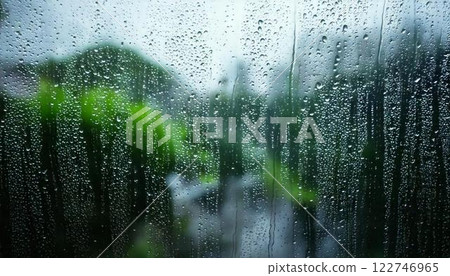 Background material of water droplets and raindrops on a rainy glass window 122746965