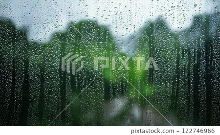 Background material of water droplets and raindrops on a rainy glass window 122746966
