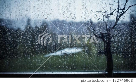 Background material of water droplets and raindrops on a glass window in the rain in winter 122746968