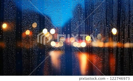Background material of water droplets and raindrops on a glass window in the rain at night 122746973