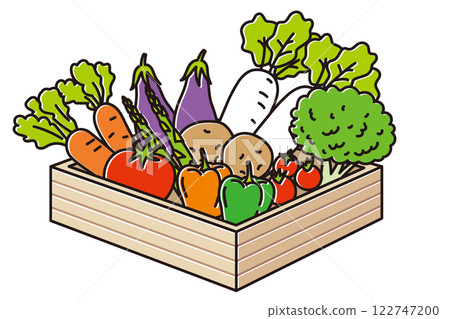 Illustration of a wooden mail order box filled with a variety of fresh vegetables Illustration of a wooden mail order box filled with a variety of fresh vegetables 122747200