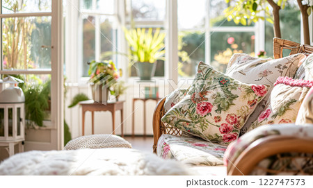 Colorful pillows on sofa against glass wall of window in a winter garden or conservatory. Interior textile concept. High quality photo 122747573