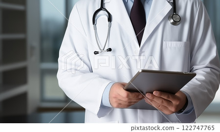doctor with a tablet. typing or research with online results 122747765