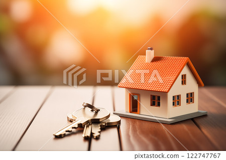 The key with mini house model on the table. Miniature real estate house for sale 122747767