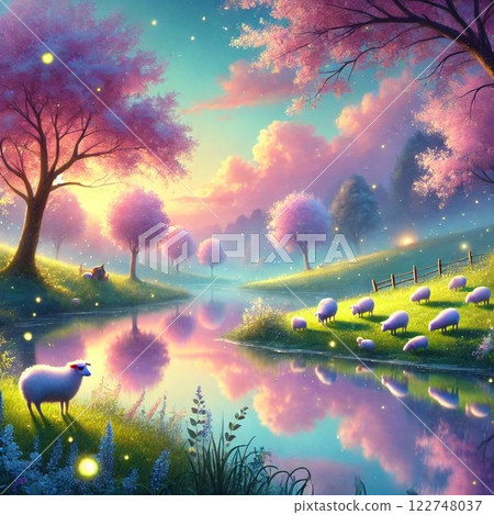 清澈的湖泊旁的迷人草地的插圖 122748037