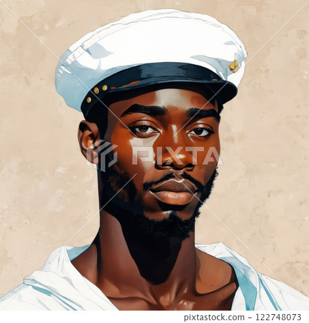 Black man in sailor attire, showcasing a strong presence against a neutral backdrop, embodying the spirit of maritime culture and adventure during a sunny day Black man in sailor attire, showcasing a strong presence against a neutral backdrop, embodying the spirit of maritime culture and adventure during a sunny day 122748073