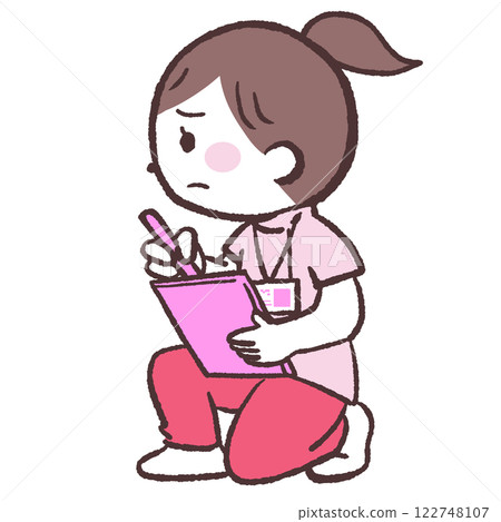 Illustration of a sad-looking woman squatting and recording Illustration of a sad-looking woman squatting and recording 122748107