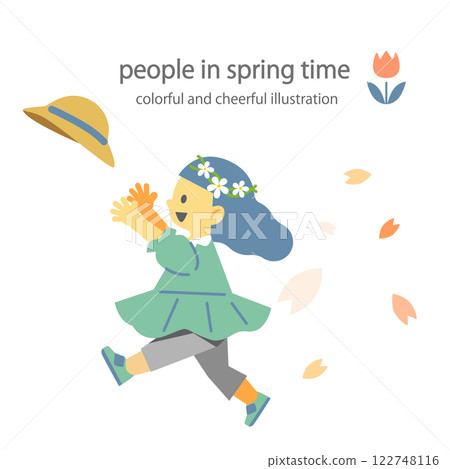 A girl rejoicing in spring - Colorful and fun flat illustration 122748116