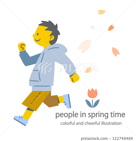 一個享受春天的男孩 — — 色彩繽紛、有趣的平面插圖 一個享受春天的男孩 — — 色彩繽紛、有趣的平面插圖 122748489