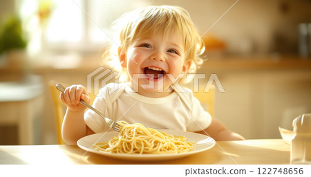 Cute little kid boy eating spaghetti bolognese or pasta macaroni bolognese at home. Happy child eating fresh cooked healthy meal with noodles. Generative Ai. 122748656