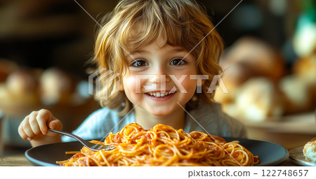 Cute little kid boy eating spaghetti bolognese or pasta macaroni bolognese at home. Happy child eating fresh cooked healthy meal with noodles. Generative Ai. 122748657