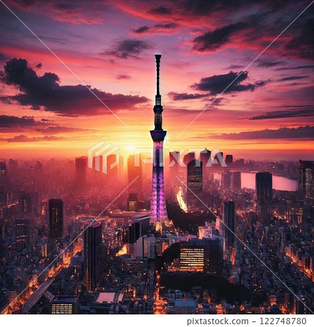 Tokyo Skytree illuminated by the setting sun 122748780