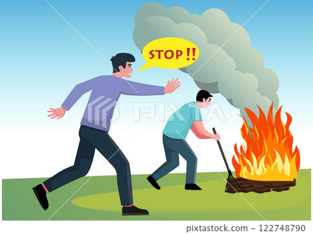 Flat illustration. A man stops another man who is setting fire to garbage. Dust and smoke will damage the lungs. 122748790