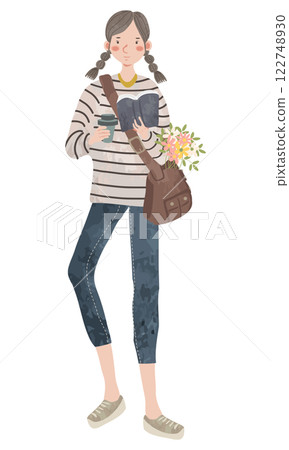 Illustration of a girl reading a book and studying on the way home from school (rustic watercolor touch) 122748930