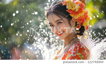 A group of people joyfully splash water on each other during Songkran Day. The concept of festivity, cultural tradition, and the spirit of renewal. Generative AI. 122748944