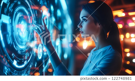 A modern lady interacts with futuristic technology, engaging with holographic displays. The concept of innovation, artificial intelligence, and the evolution of human-technology interaction. Generativ 122748981