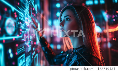 A modern lady interacts with futuristic technology, engaging with holographic displays. The concept of innovation, artificial intelligence, and the evolution of human-technology interaction.  122749181