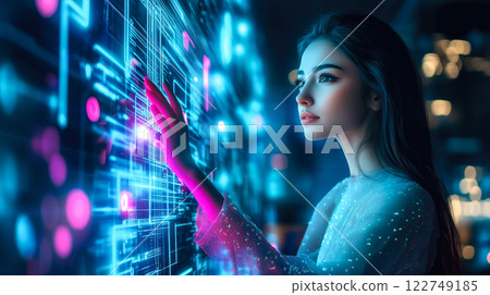 A modern lady interacts with futuristic technology, engaging with holographic displays. The concept of innovation, artificial intelligence, and the evolution of human-technology interaction.  122749185