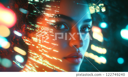 A modern lady interacts with futuristic technology, engaging with holographic displays. The concept of innovation, artificial intelligence, and the evolution of human-technology interaction. A modern lady interacts with futuristic technology, engaging with holographic displays. The concept of innovation, artificial intelligence, and the evolution of human-technology interaction. 122749240