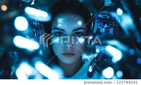 A modern lady interacts with futuristic technology, engaging with holographic displays. The concept of innovation, artificial intelligence, and the evolution of human-technology interaction. A modern lady interacts with futuristic technology, engaging with holographic displays. The concept of innovation, artificial intelligence, and the evolution of human-technology interaction. 122749241