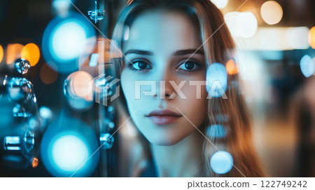 A modern lady interacts with futuristic technology, engaging with holographic displays. The concept of innovation, artificial intelligence, and the evolution of human-technology interaction. A modern lady interacts with futuristic technology, engaging with holographic displays. The concept of innovation, artificial intelligence, and the evolution of human-technology interaction. 122749242