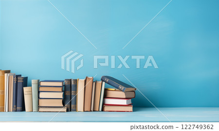 A stack of books . Blue background A stack of books . Blue background 122749362