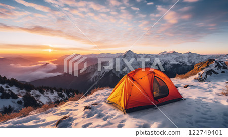 Tent on a snowy mountain. Mountains at sunrise 122749401