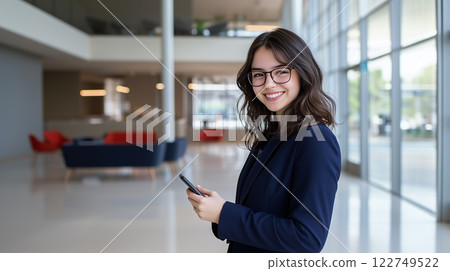 A stylish professional staying connected in a corporate environment 122749522