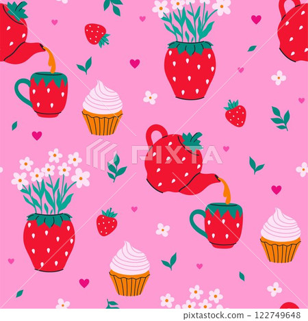 Seamless pattern with strawberry dishes, flowers and cupcakes. Vector graphics. 122749648