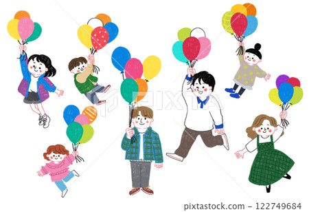 Illustration set of people of various ages flying with balloons 122749684