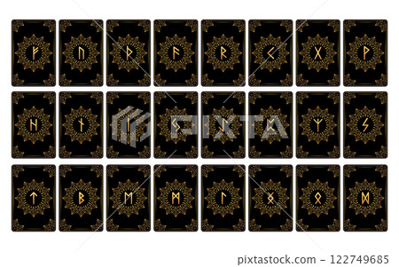 Collection of tarot cards with runes.  122749685