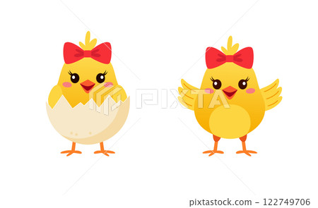 Cute yellow chicken with red bow. 122749706